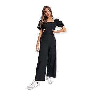 Asos Design Scallop Neck Jumpsuit with Puff Sleeve Black Size 8